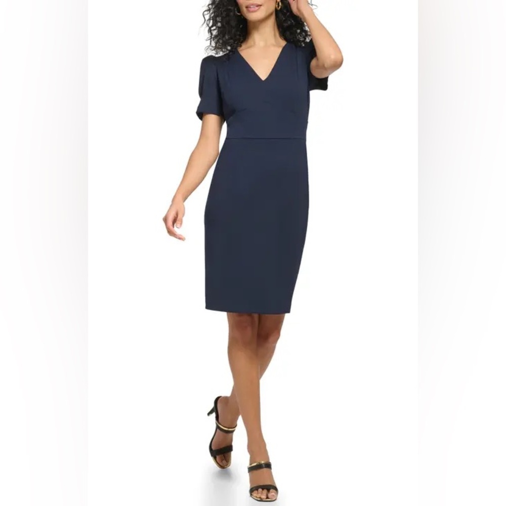 DKNY V Neck Puff Sleeve Blue Dress